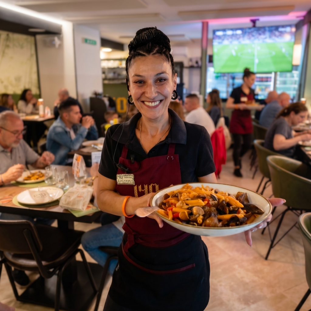 Cameriera di 140 Grammi Pessina serve un piatto di pasta ai frutti di mare a Cagliari